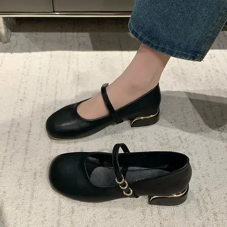 法式粗跟玛丽珍鞋女2024年新款复古一字扣浅口单鞋低跟通勤小皮鞋商品大图