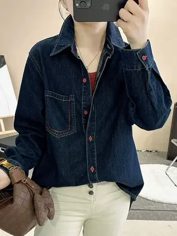 小红线复古牛仔衬衫女春秋2024新款宽松休闲衬衣外套叠穿百搭上衣商品大图