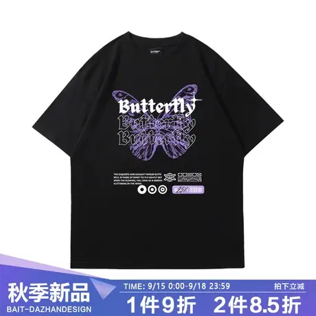 短袖男款夏季暗黑vibe高街INS风涂鸦蝴蝶潮牌重磅中性风宽松衣服商品大图