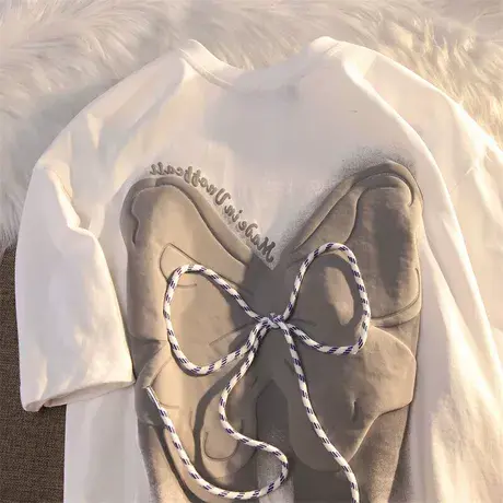 纯棉蝴蝶结设计感短袖t恤女夏季ins潮牌宽松别致chic港味上衣小众商品大图