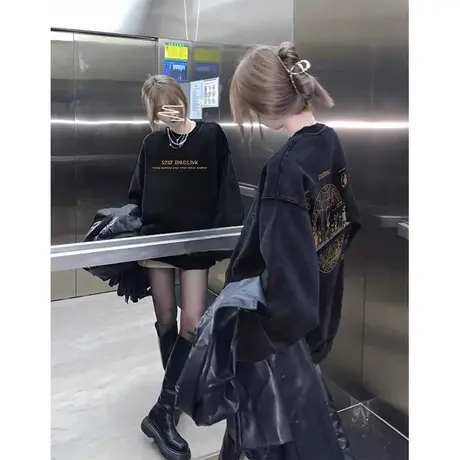 春秋季黑色卫衣女圆领宽松薄款小众设计感美式复古潮牌无帽上衣服商品大图