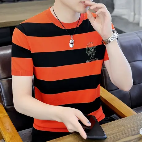 冰丝t恤男士短袖夏季2023条纹半袖上衣潮流学生针织打底衫薄体恤商品大图