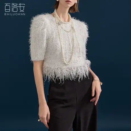 百洛安气质流苏圆领短袖T恤女2024春夏款设计感小众百搭套头上衣图片