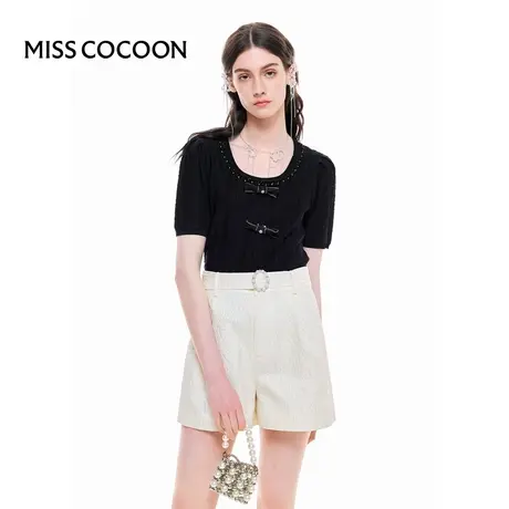 MISSCOCOON【花园度假】24春夏新款气质肌理感泡泡袖U领针织衫图片