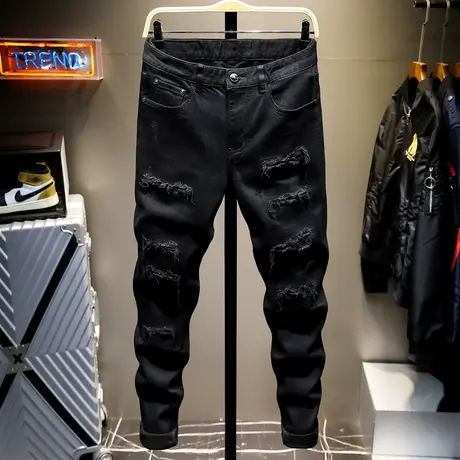 夏季黑色破洞牛仔裤男潮牌韩版潮流修身小脚裤子春夏季2021新款商品大图