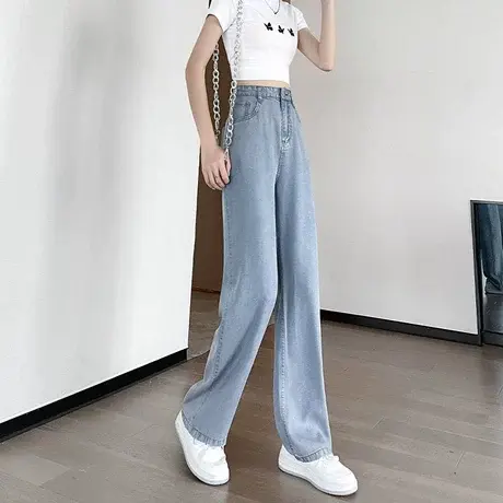 【胡可推荐】薄天丝高腰贴标阔腿牛仔裤夏季宽松拖地直筒裤图片