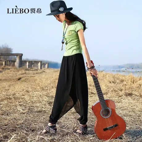 裂帛原创设计不规则雪纺垂感飘逸显瘦假两件小个子束脚休闲裤女夏图片