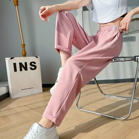 粉色西装裤女春秋2024新款高腰垂感显瘦哈伦休闲九分直筒烟管裤潮商品大图