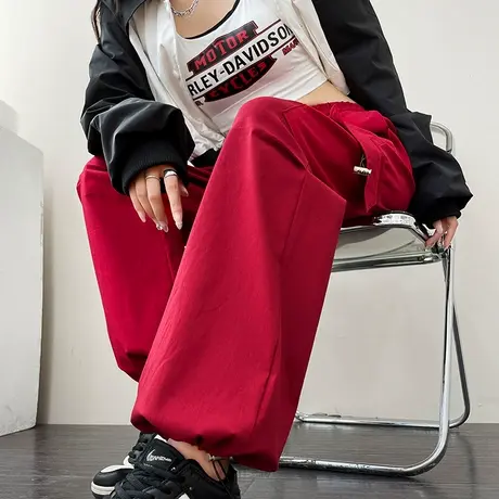 酒红色美式工装裤女春秋2024新款宽松百搭垂感阔腿运动休闲直筒裤图片