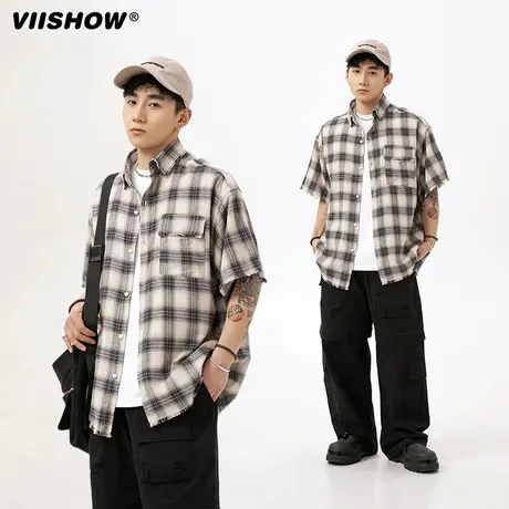 VIISHOW流苏毛边破坏设计格子衬衫男款夏季新款潮牌日系短袖衬衫图片