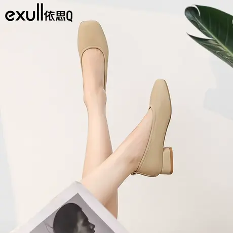 依思q单鞋女2024年新款春季浅口低跟粗跟软底玛丽珍鞋豆豆鞋女鞋商品大图