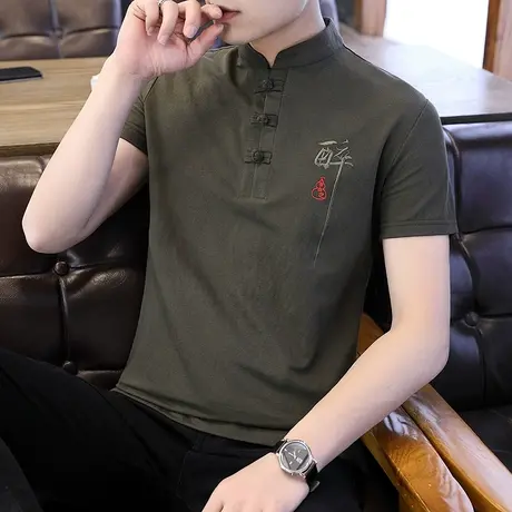 夏季刺绣立领t恤男士短袖复古唐装中国风男装半袖潮牌冰丝潮流丅商品大图