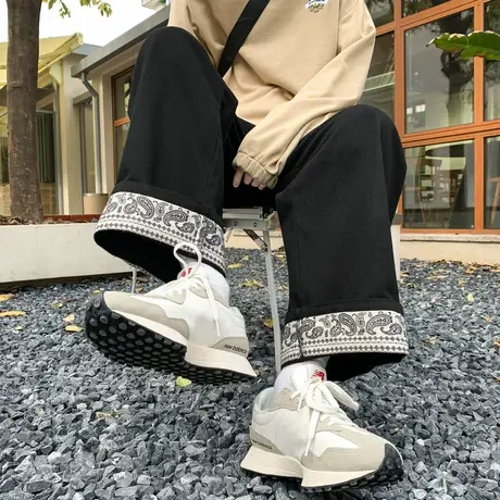 裤子男秋季韩版直筒宽松阔腿裤男装潮流百搭裤脚创意印花休闲长裤商品大图
