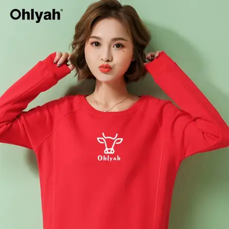 Ohlyah品牌 红色卫衣女潮ins圆领新年情侣装本命年牛年上衣打底衫商品大图