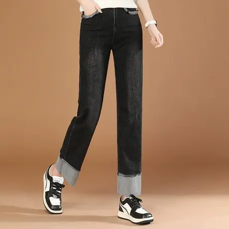 韩潮袭人复古直筒宽松牛仔长裤女2023秋季新款休闲拼接阔腿哈伦裤商品大图