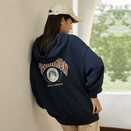 omont蛋挞家 复古印花灰色连帽卫衣女秋季新款薄款宽松慵懒风上衣图片