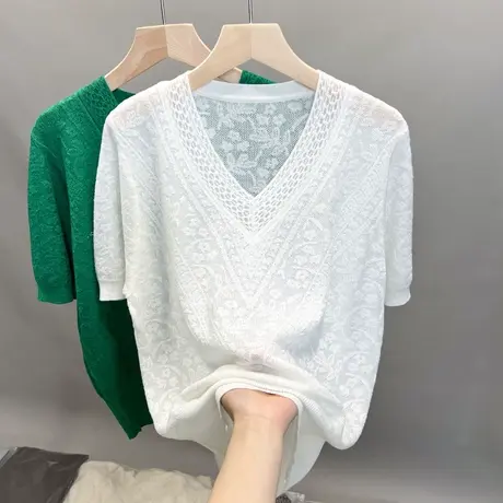 v领镂空针织衫女2023春夏秋新款宽松外穿上衣短袖薄款勾花t恤衫潮图片
