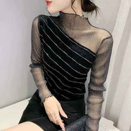 半高领打底衫女春秋2023新款网纱拼接长袖T恤洋气内搭加绒上衣潮商品大图