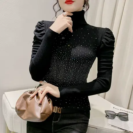 时尚泡泡袖针织衫女士欧货内搭高领毛衣套头设计感烫钻紧身打底衫图片
