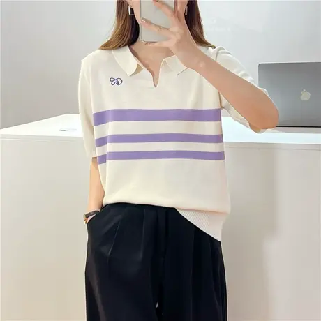 冰丝短袖t恤女2023夏季新款polo领条纹洋气宽松薄针织衫爆款百搭图片