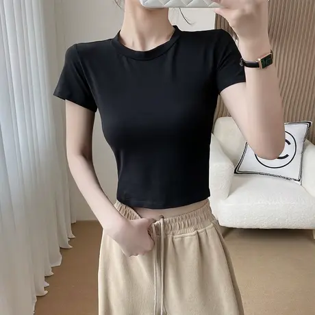 小圆领露脐短袖t恤女纯棉短款性感黑色上衣高领显瘦气质内搭体恤商品大图