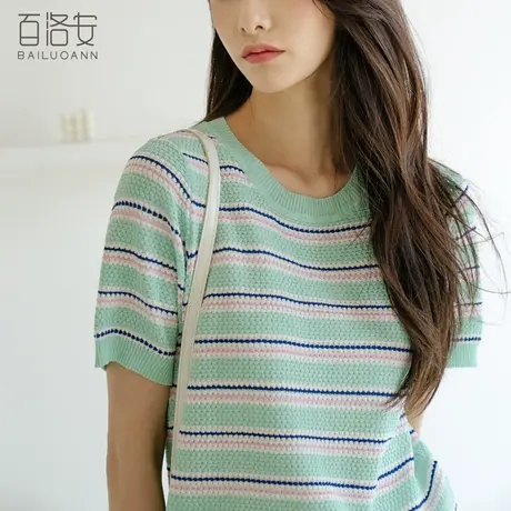 百洛安显瘦圆领针织衫薄款女夏季新款时尚短袖条纹套头衫T恤上衣图片
