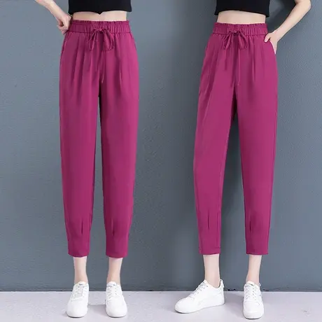 火龙果色哈伦裤女夏季薄款高腰宽松显瘦小个子冰丝休闲裤运动九分图片