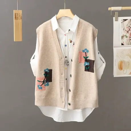 学院风刺绣毛衣马甲背心女式秋冬韩版无袖针织开衫马夹女坎肩上衣商品大图
