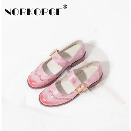 手工仙女风粗跟玛丽珍温柔Lolita女鞋小圆头粉色玛丽珍鞋一字带图片