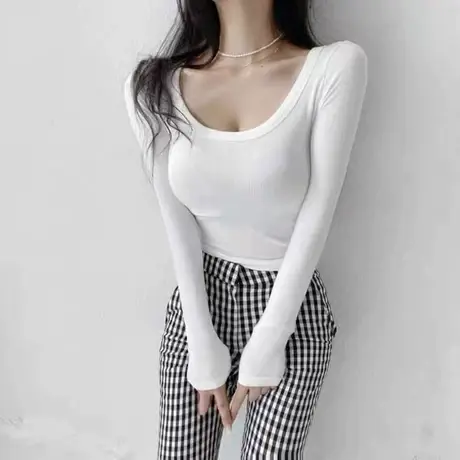 白色低领打底衫女内搭春秋韩版洋气百搭长袖t恤修身显瘦u领上衣商品大图