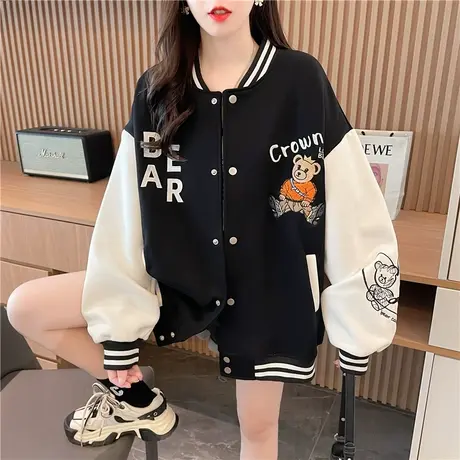 早秋外套女春秋季韩版宽松大码慵懒风薄款初秋撞色开衫棒球服卫衣商品大图