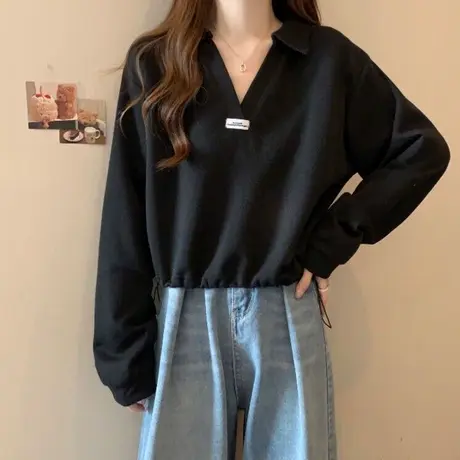 小个子短款POLO衫T恤女2023秋季新款宽松收腰设计感V领长袖上衣潮商品大图
