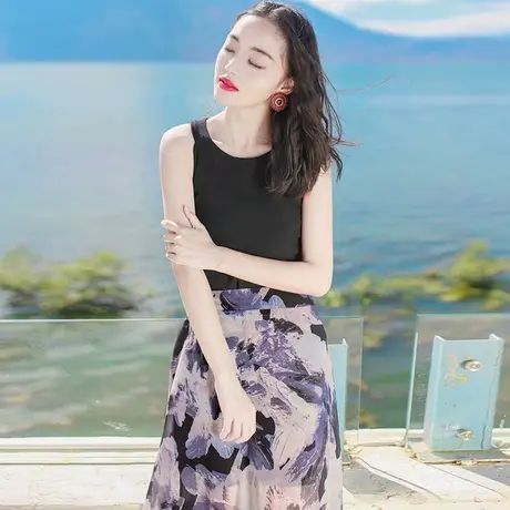 西子美丽心情夏季新品黑色短款圆领修身打底紧身纯色无袖T恤上衣图片