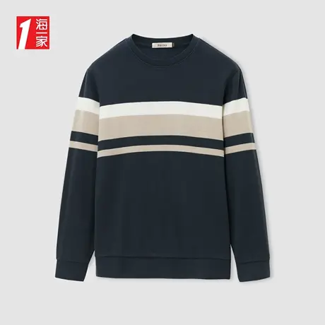 海一家时尚条纹套头衫2023秋季新款舒适圆领简约大方长袖T恤男商品大图