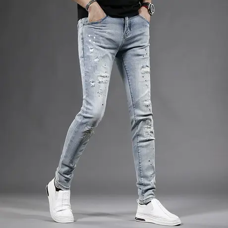 美式高街破洞牛仔裤男2023新款修身小脚个性百搭男士弹力薄款裤子商品大图