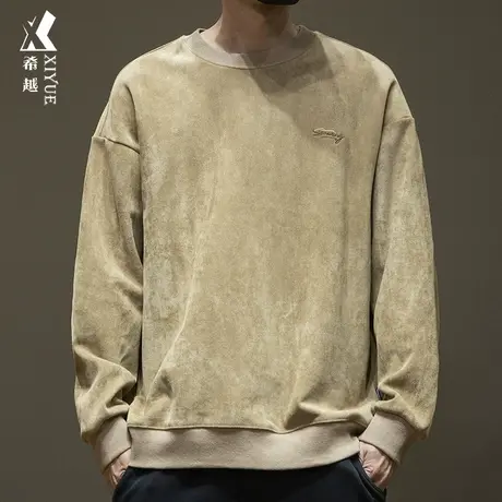 日系复古水洗麂皮绒刺绣卫衣男秋季宽松大码540g重磅套头潮牌上衣商品大图
