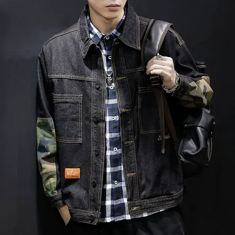 黑色牛仔外套男宽松秋季新款潮牌工装夹克大码胖子加肥加大春秋潮图片