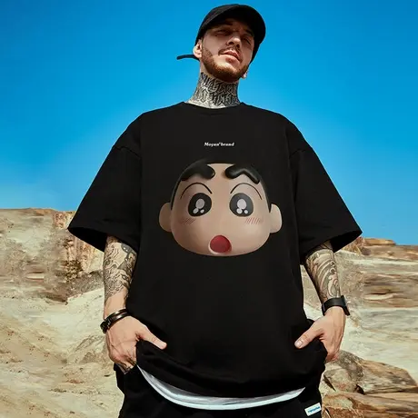 摩严港风潮牌胖子男装大码国潮宽松日系卡通联名短袖T恤大码半袖商品大图