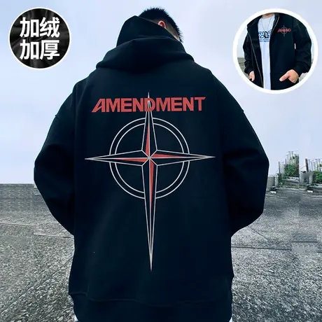 oversize春秋宽松美式大码男装连帽拉链开衫胖子ins加绒卫衣外套商品大图