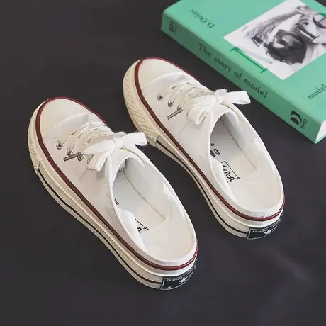 两穿半拖鞋女2023夏季新款经典透气帆布鞋一脚蹬百搭小白鞋板鞋子商品大图