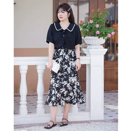 大码女装显瘦胖MM半身裙A字长款宽松雪纺碎花裙子2023夏季新款商品大图