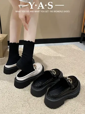 单鞋女2024春季新款包头半拖厚底百搭英伦风一脚蹬高跟黑色小皮鞋商品大图