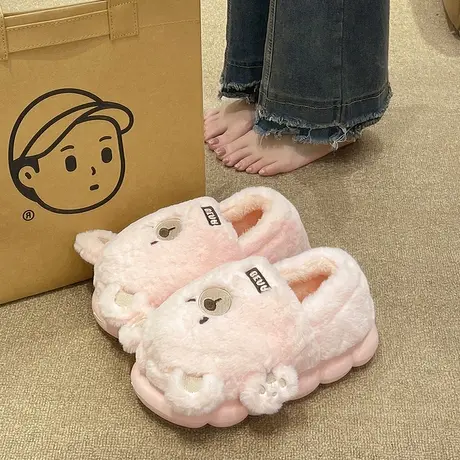 卡通小熊棉拖鞋女款冬季可爱毛绒月子鞋保暖厚底室内居家包跟棉鞋商品大图