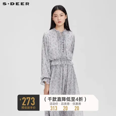 sdeer圣迪奥女装木耳边系带碎花泡泡袖衬衫S231Z0557商品大图