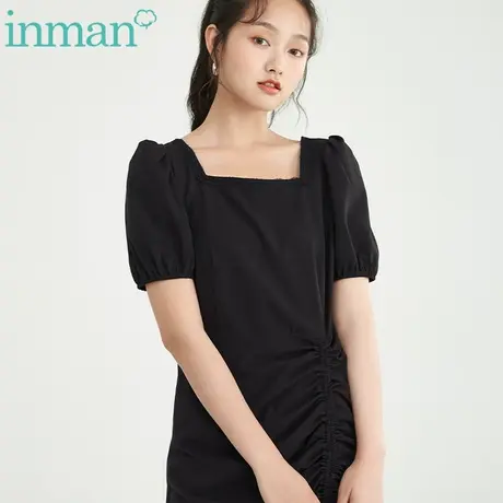 茵曼旗舰店甜酷女2023春季新款下摆抽绳方领泡泡袖荷叶边收腰梭织商品大图