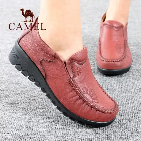 Camel/骆驼女鞋秋季新款真羊皮小坡跟舒适套脚中年休闲妈妈单鞋子图片