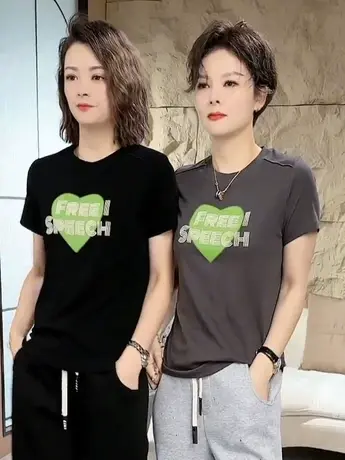 字母爱心印花圆领打底衫上衣2023夏季新款欧洲站女装短袖T恤ins潮商品大图