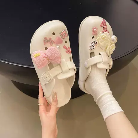网红爆款卡通包头半拖鞋女2025年春季新款厚底增高一脚蹬洞洞拖鞋商品大图