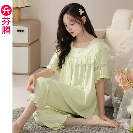 芬腾睡衣女夏季新款纯棉短袖套头套装甜美宽松休闲薄款透气家居服商品大图
