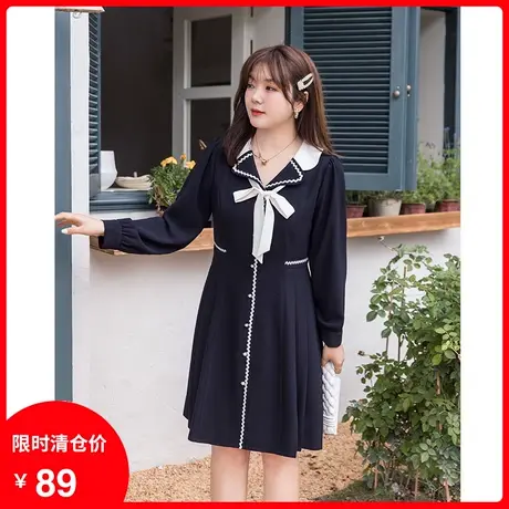 显瘦大码胖MM连衣裙2023年秋装新款V领气质赫本风黑色A字短裙百褶商品大图